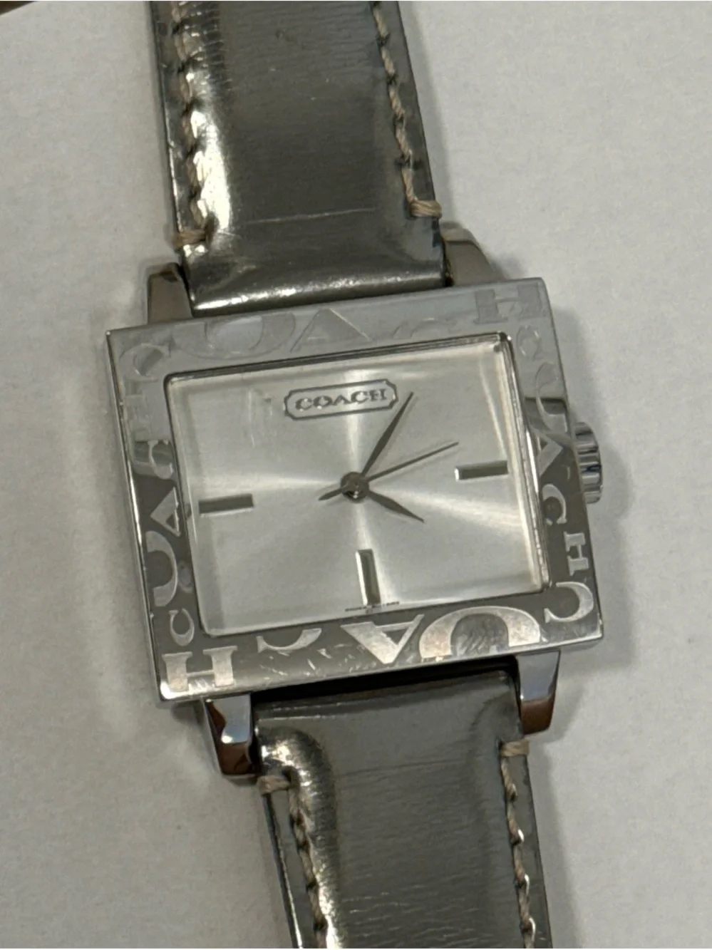 Coach Silver-Tone Square Dial Leather Strap Watch